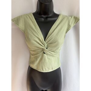 Midnight Sky Sage Green Flutter Sleeve Top S Romantic Front Tie Classy Blouse